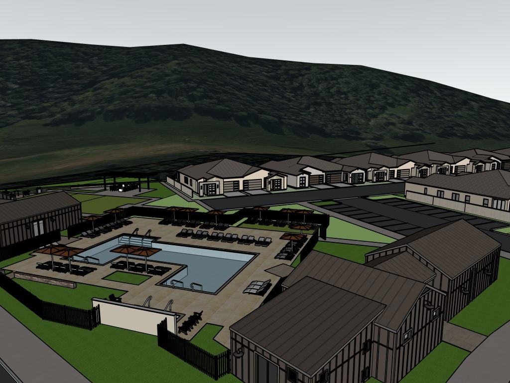SketchUp model of a hillside resort with a pool and low buildings