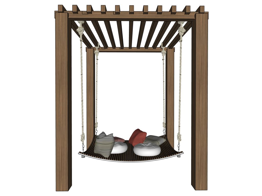 SketchUp model of a wooden pergola with a hanging daybed, on a plain white background