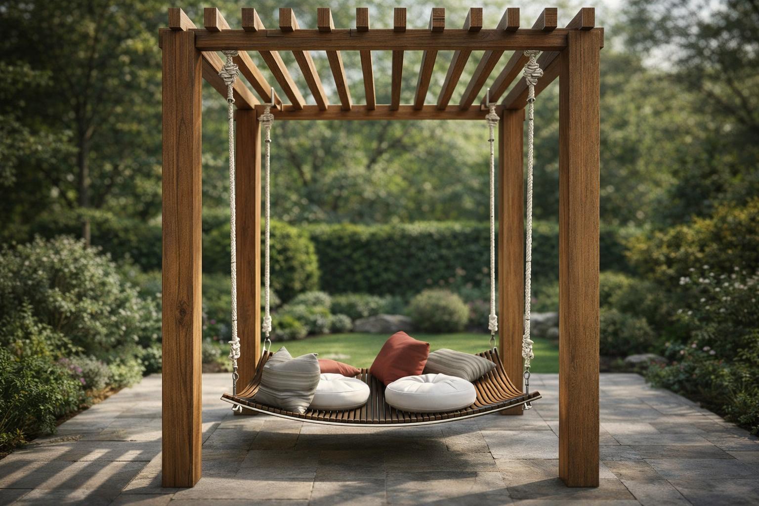 AI Nexus Render result: the pergola and hanging daybed in a landscaped garden on a stone patio