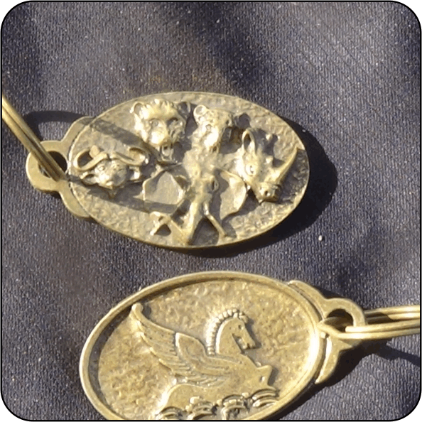 Brass Antique plating with logo engraved on one side and company information on the reverse