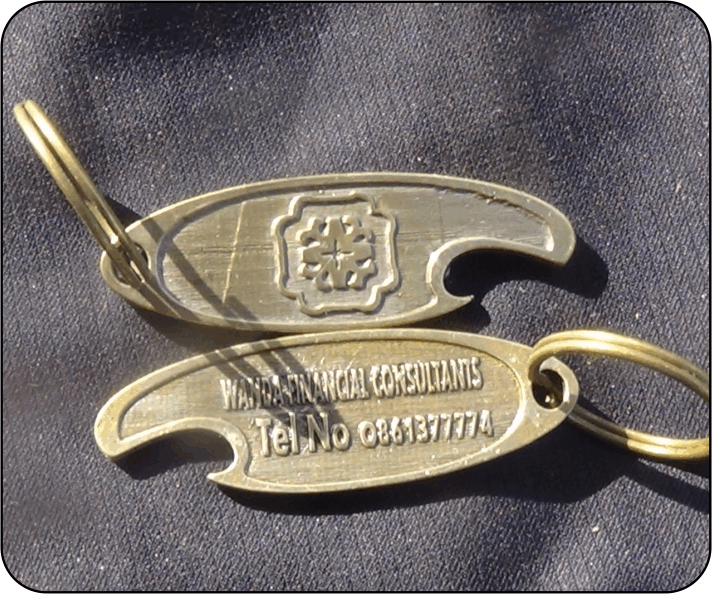 Bottle opener Brass Antique plating with logo engraved on one side and company information on the reverse