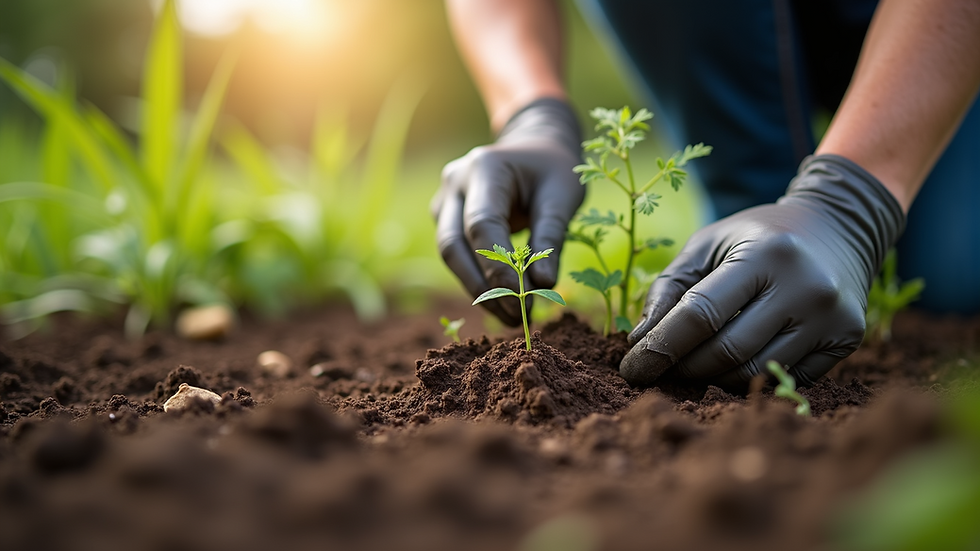 Close-up view of a gardener planting organic seeds in rich soil