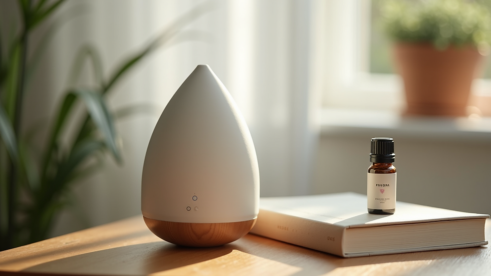 Close-up view of therapy books and a calming essential oil diffuser