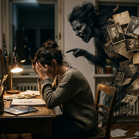 Person gepeinigt vom anklagenden inneren Schatten – der innere Kritiker, psychologisch erklärt von Daniel Lüscher, Soullight