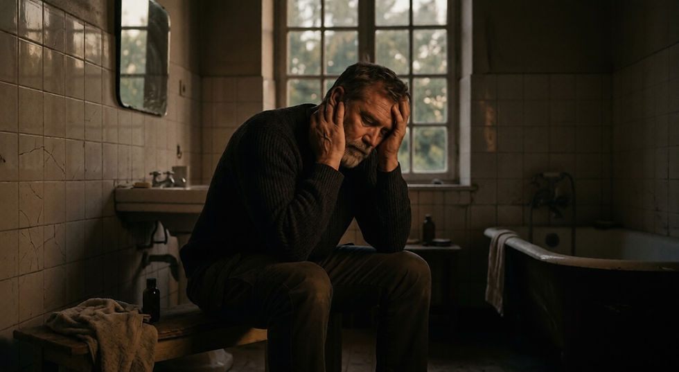 Mann sitzt allein im Badezimmer – Erschöpfung des starken Mannes, psychologisch-spirituell erklärt von Daniel Lüscher, Soullight