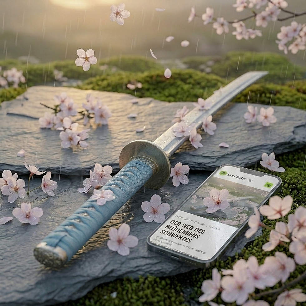 Schwert mit Kirschblüten, daneben Smartphone – kostenloses Erstgespräch bei Soullight – Daniel Lüscher, Mattenweg 22, Schöftland Aargau