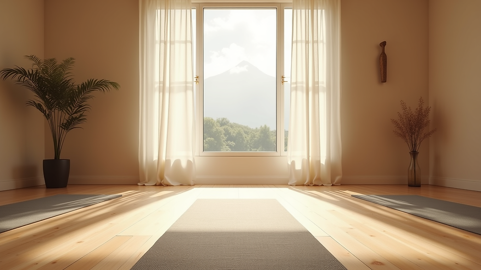 Eye-level view of a serene yoga space with mats and natural light