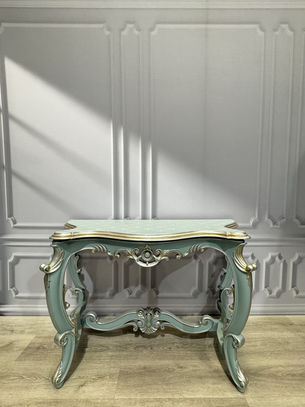 Alt Text:
Classic French Antique Style Hallway Table painted in heirloom misty blue with silver and gold inlay trim, perfect for adding sophistication to an entryway.