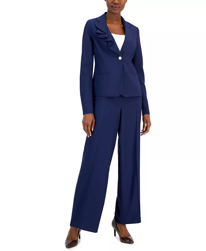 Women's Asymmetrical Ruffled One-Button Jacket & Wide-Leg Pant Suit