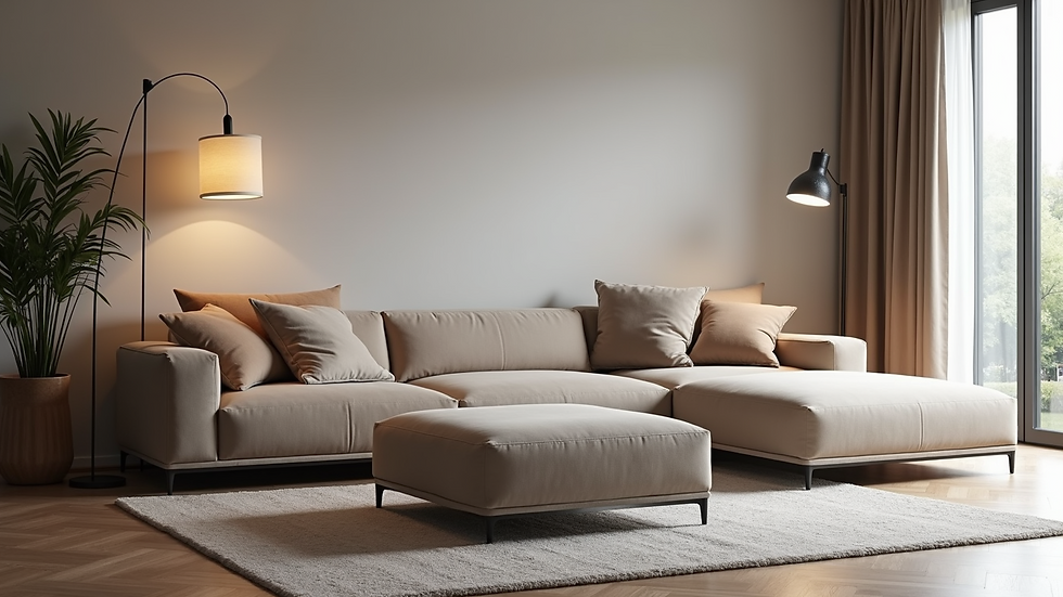 High angle view of a stylish modular sofa and multi-functional ottoman