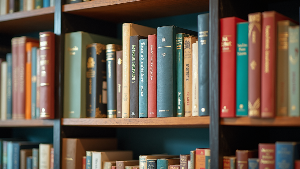 Close-up view of a colorful bookshelf filled with books and art pieces