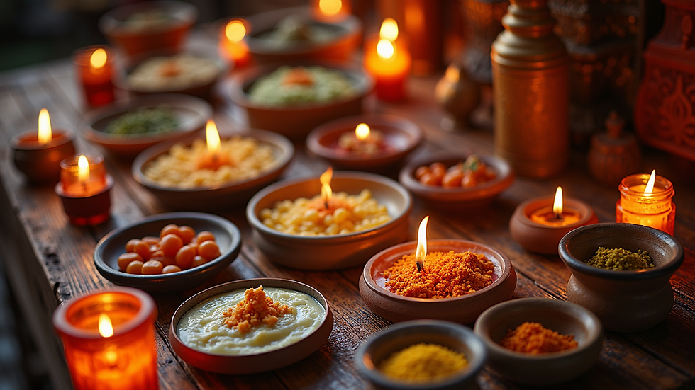 High angle view of organized puja essentials arranged neatly