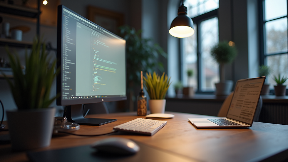 Eye-level view of a stylish workspace with hidden cable management