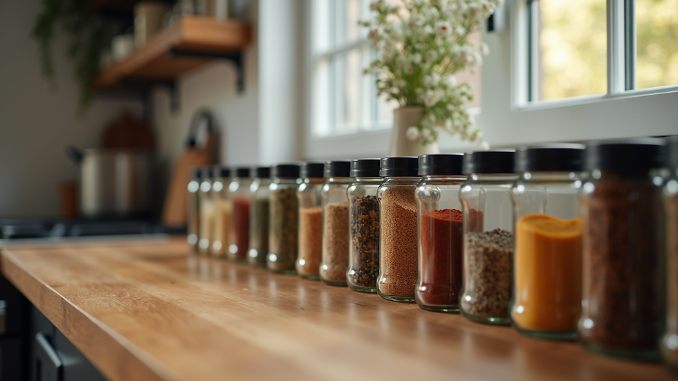 Eye-level view of a personalized kitchen showcasing organized spice jars