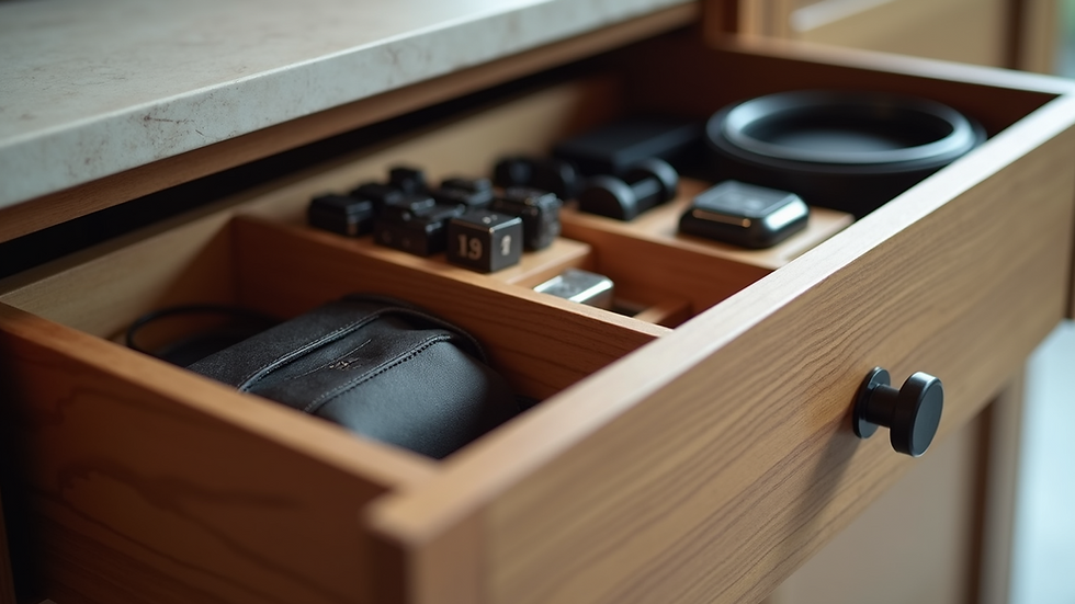 Close-up view of custom drawer designed for personal accessories