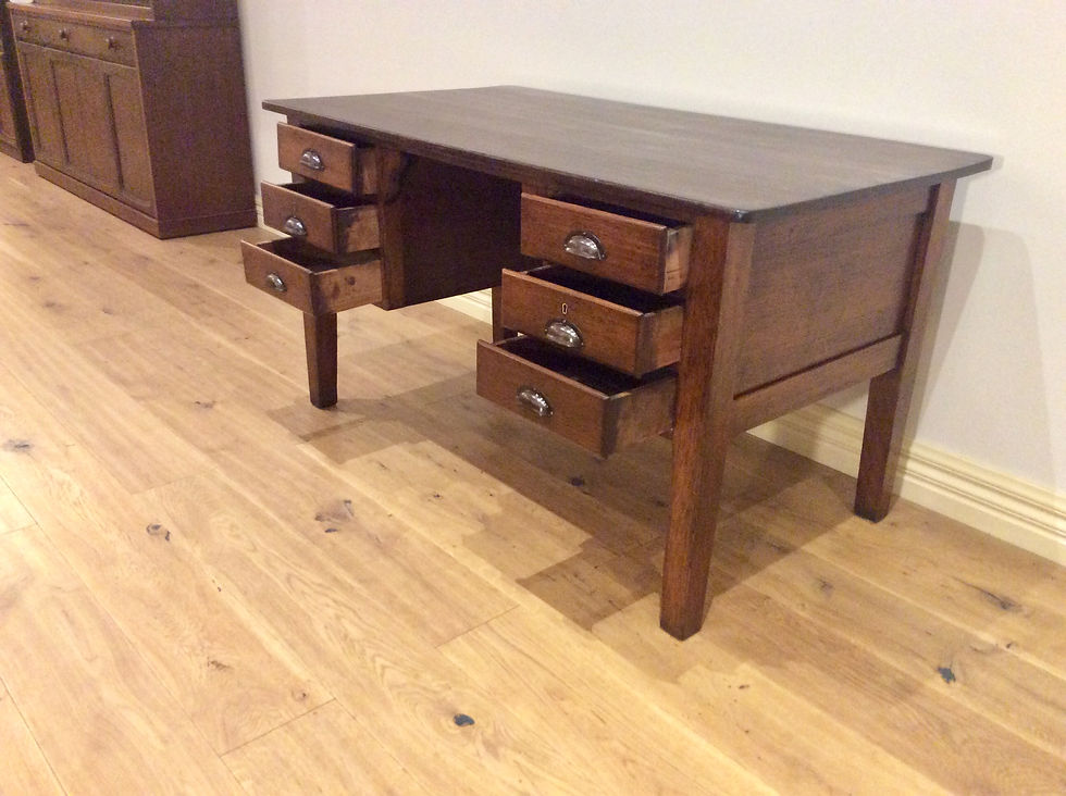 Thumbnail: Mid Century Industrial Solid Oak Six Drawer Desk.