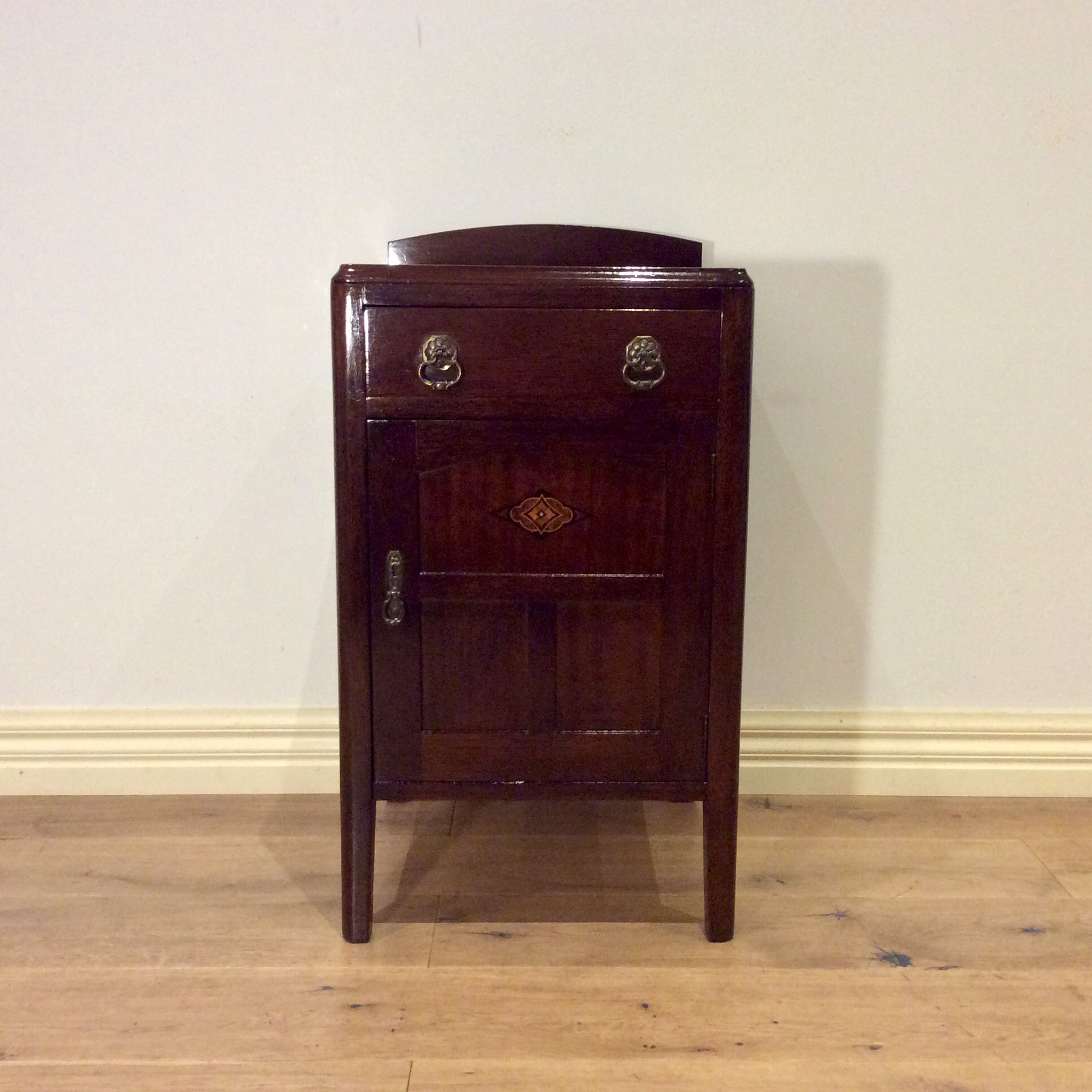 1920s Solid Oak Bedside Cabinet with Inlaid Panel Door. 1