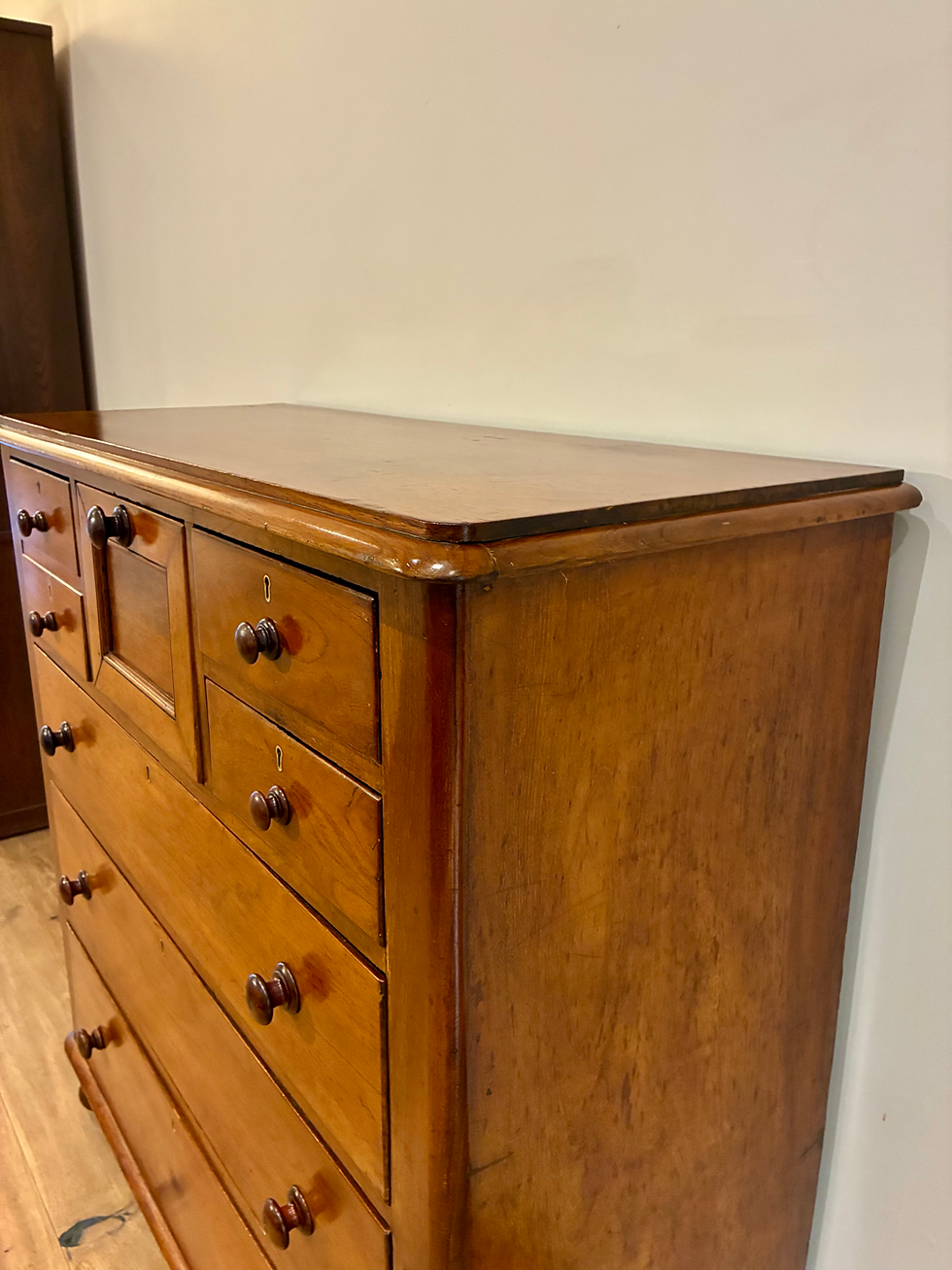 Thumbnail: Right Top Corner Restored Victorian Cedar Chest of Seven Drawers.