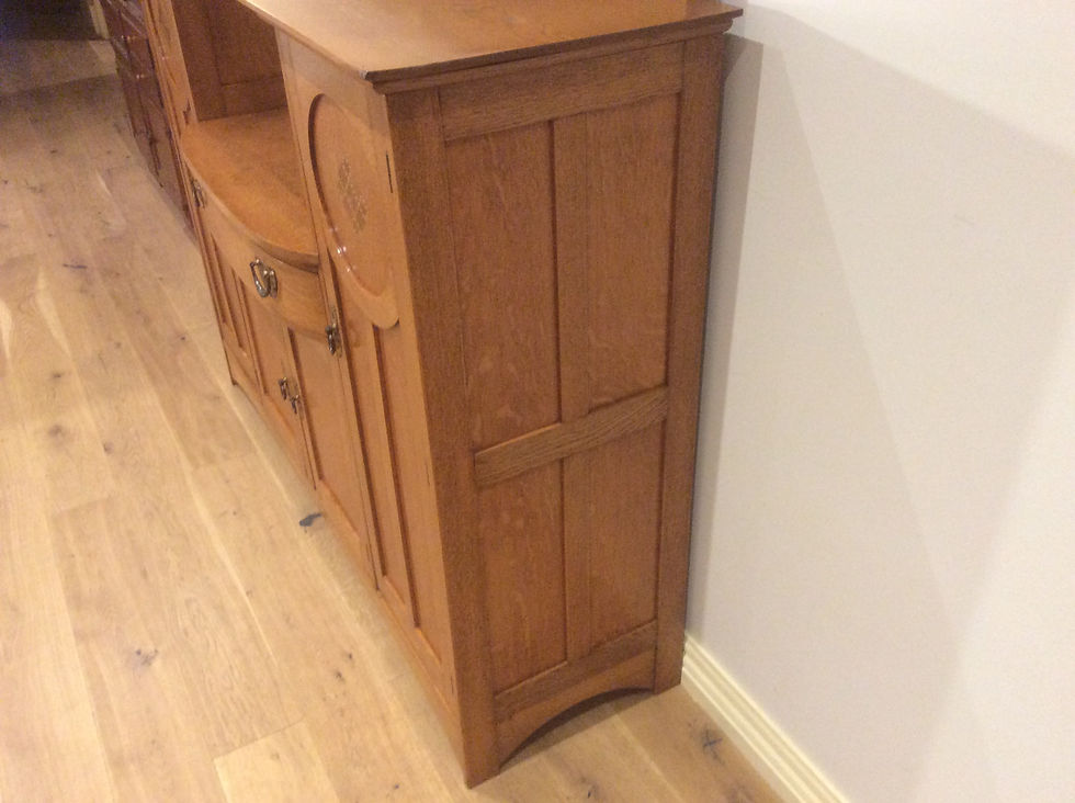 Thumbnail: Large Antique Golden Oak Sideboard with Inlaid Panel Doors. Circa 1920.