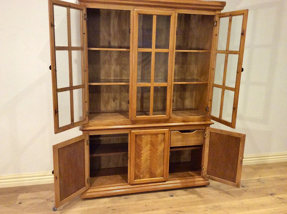 Thumbnail: Vintage Oak Cabinet with Herringbone Inlay and Glass Panel Doors.