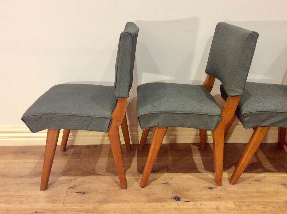 Thumbnail: Four Retro 1950s Solid Oak Dining Chairs with Vinyl Upholstery.