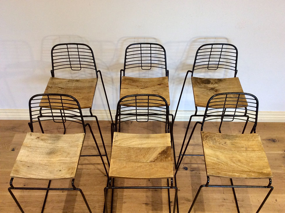 Thumbnail: Vintage Industrial Wire and Solid Oak Stools.