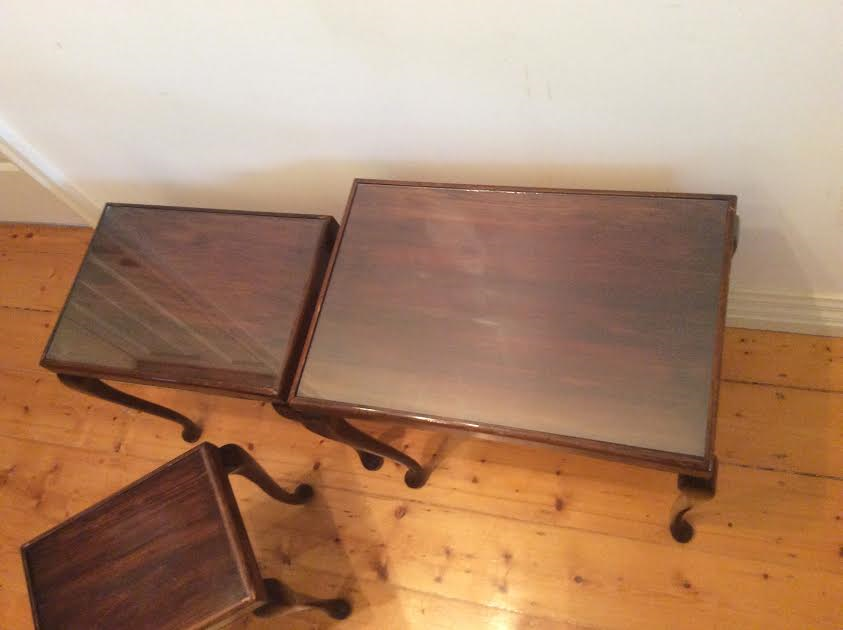 Thumbnail: Queen Anne Era Antique Mahogany Nest of Tables with Glass Inserts