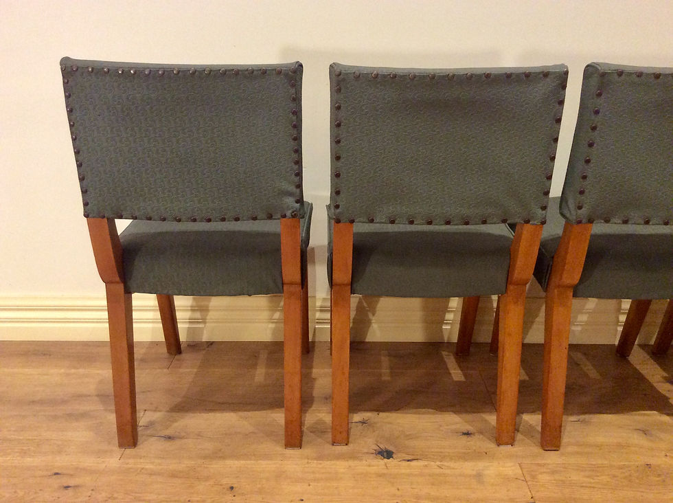 Thumbnail: Four Retro 1950s Solid Oak Dining Chairs with Vinyl Upholstery.