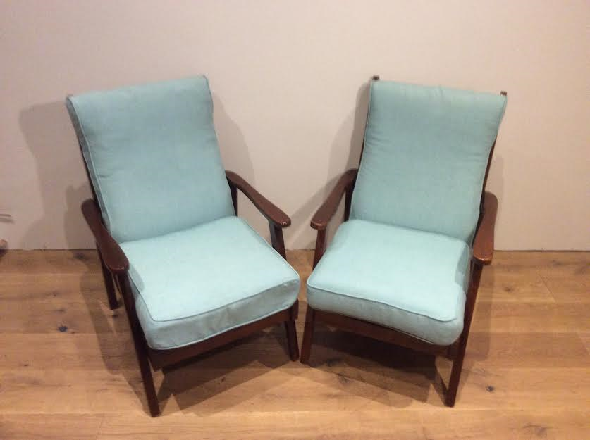 Matching Pair of Mid Century Hardwood Slat-Back Arm Chairs
