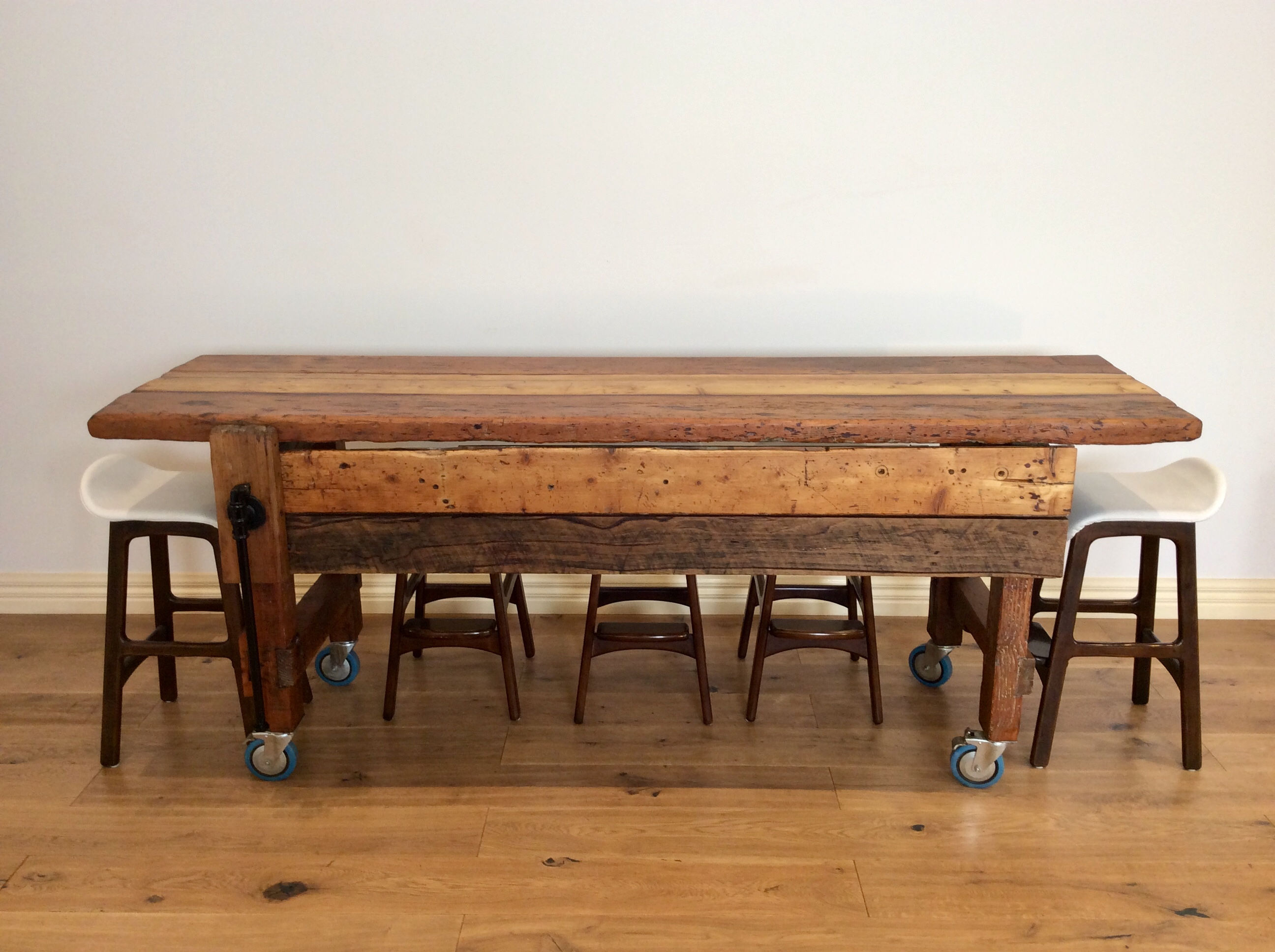 Industrial Hardwood Island Bench with Lemcol Rolling Castors. Circa 1920.