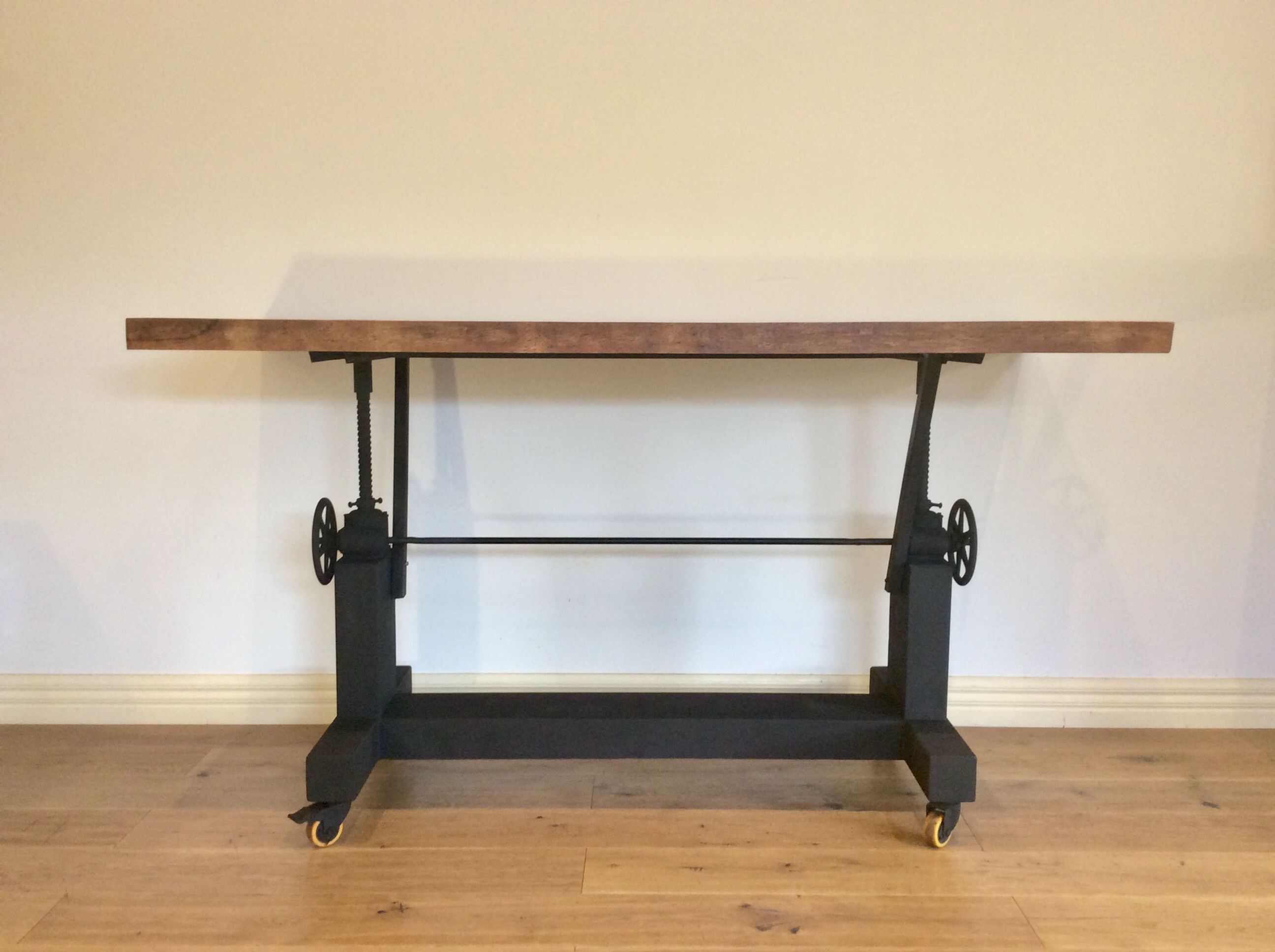 Vintage Industrial Crank Wind-Up Table on Rolling Castors.