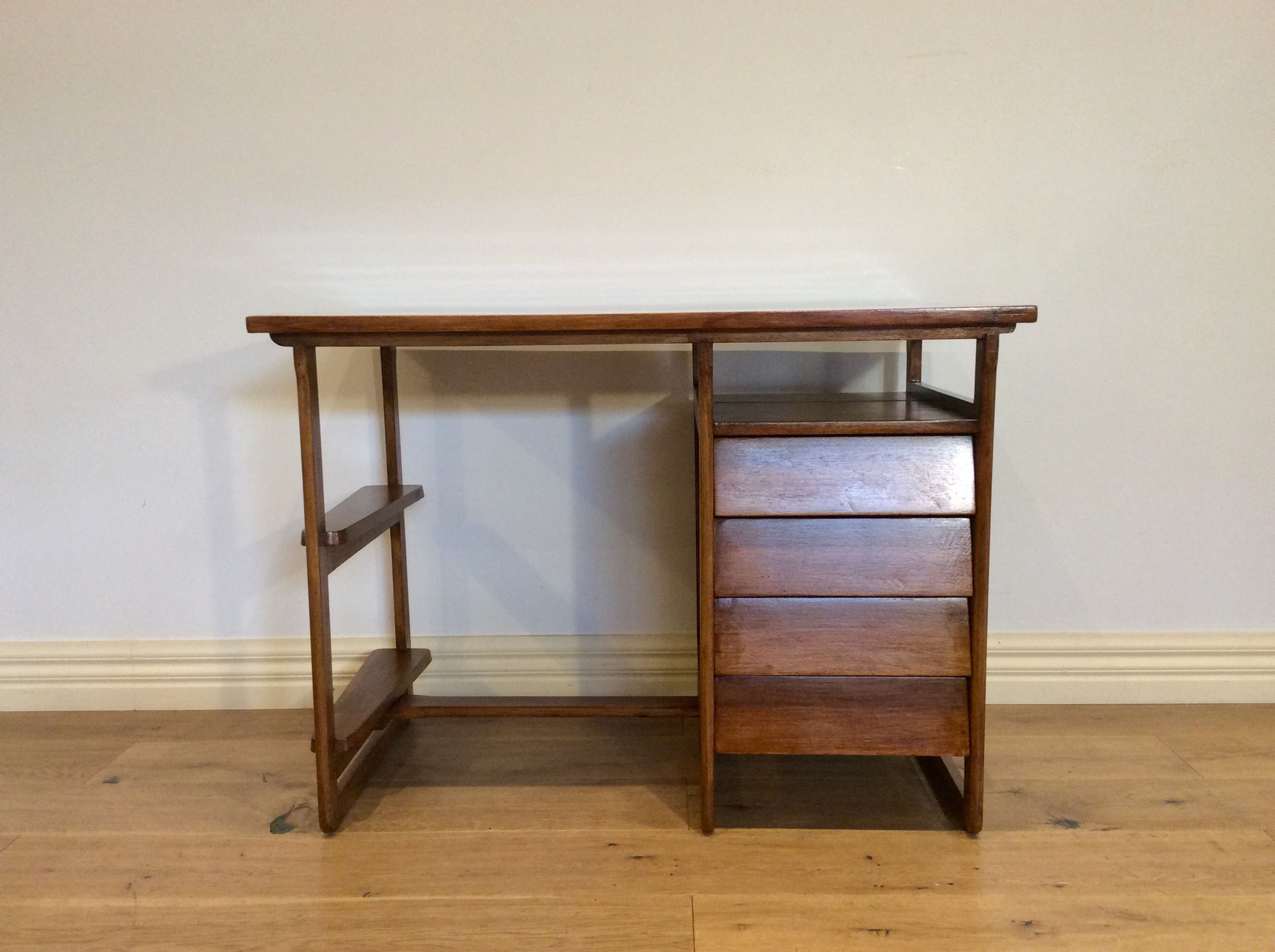 Mid Century Douglass Snelling Inspired Four Drawer Hardwood Desk. Circa 1960