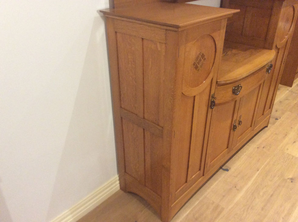 Thumbnail: Large Antique Golden Oak Sideboard with Inlaid Panel Doors. Circa 1920.