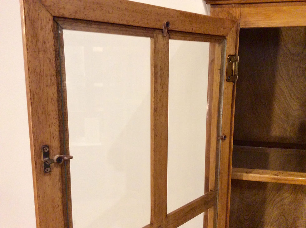 Thumbnail: Vintage Oak Cabinet with Herringbone Inlay and Glass Panel Doors.