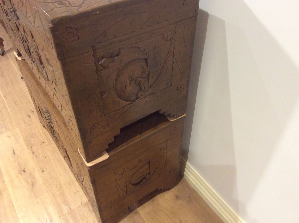 Thumbnail: Two Large and Heavily Carved Chinese Camphor Wood Trunks. Circa 1950.