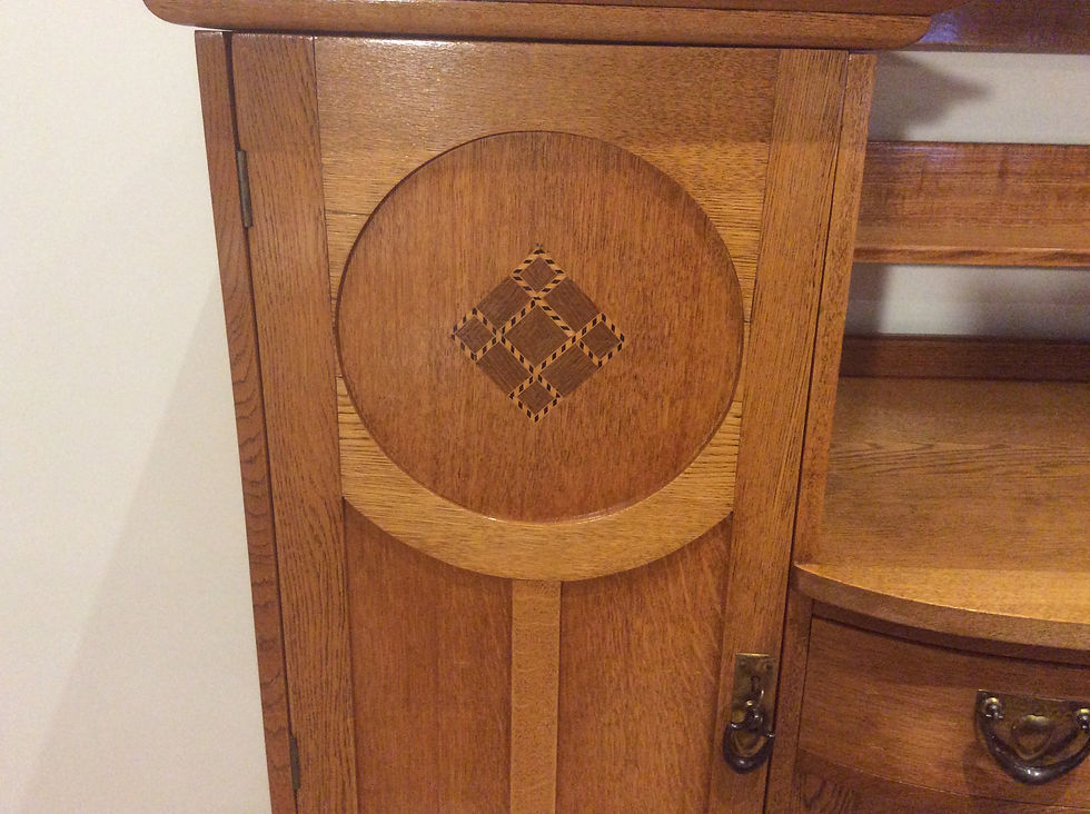 Thumbnail: Large Antique Golden Oak Sideboard with Inlaid Panel Doors. Circa 1920.