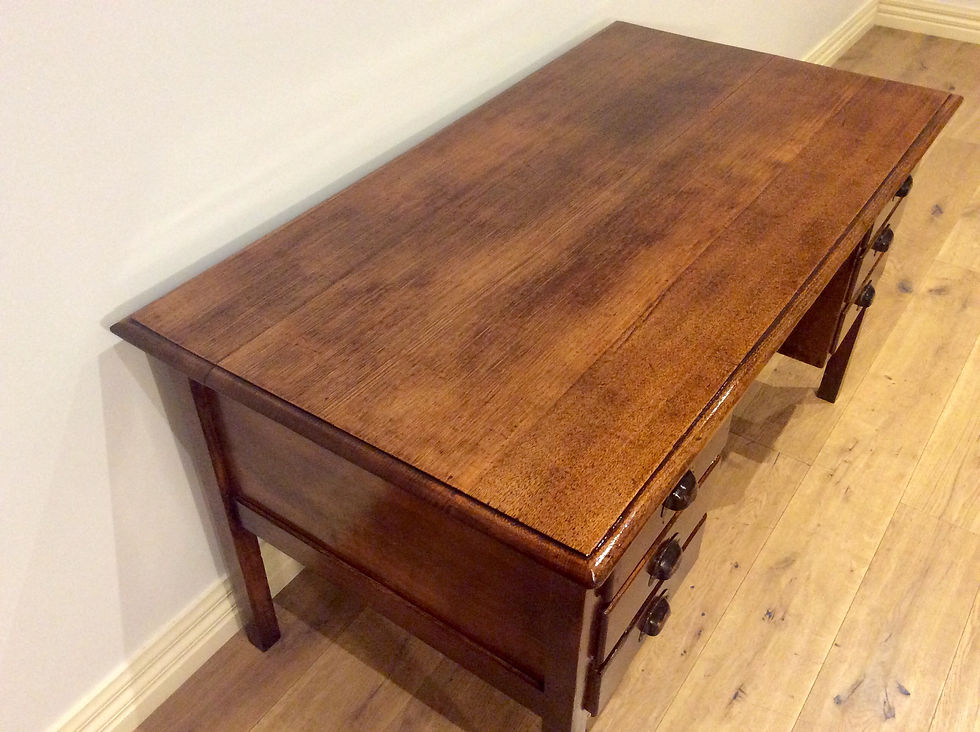 Thumbnail: Vintage Industrial Hardwood Desk with Six Drawers.