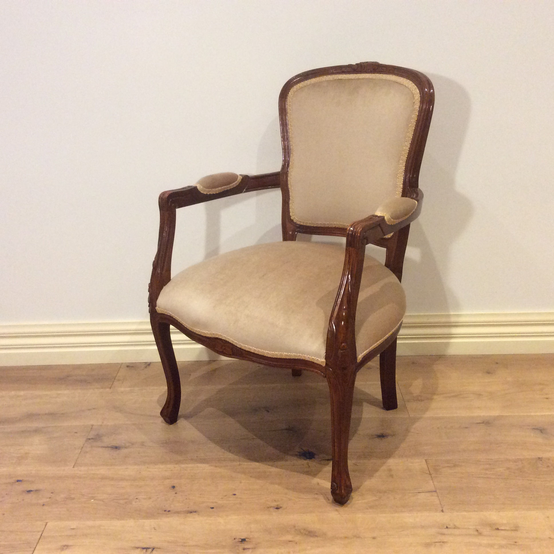 Antique Walnut Armchair with Velvet Upholstery.
