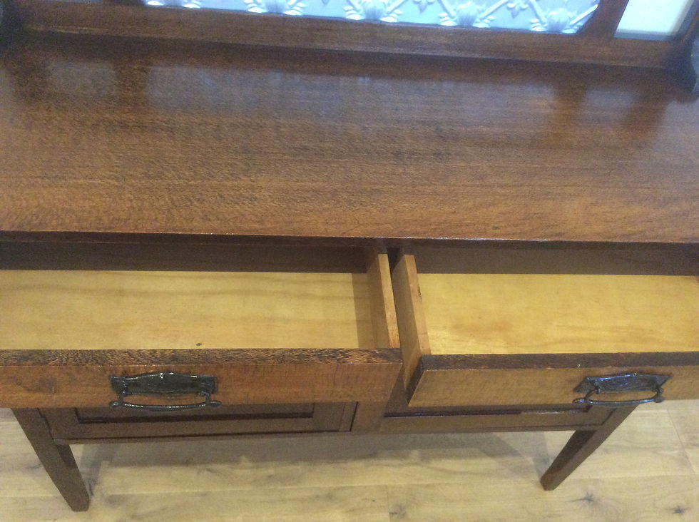 Thumbnail: Antique Silky Oak Sideboard with Press Metal Headboard