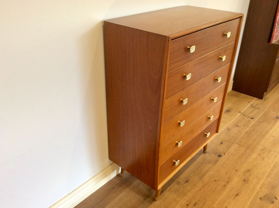 Thumbnail: Mid Century Teak Alrob Six Drawer Tallboy with Splayed Atomic Legs.