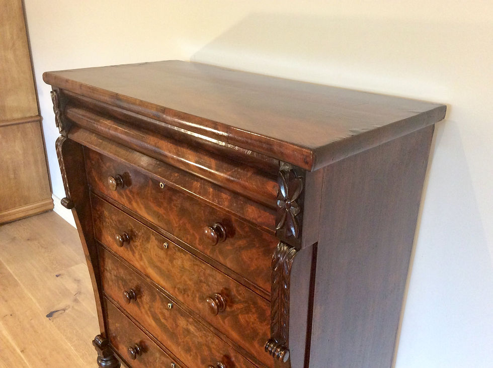 Thumbnail: Stunning Early Victorian Flame Mahogany Five Drawer Chest.
