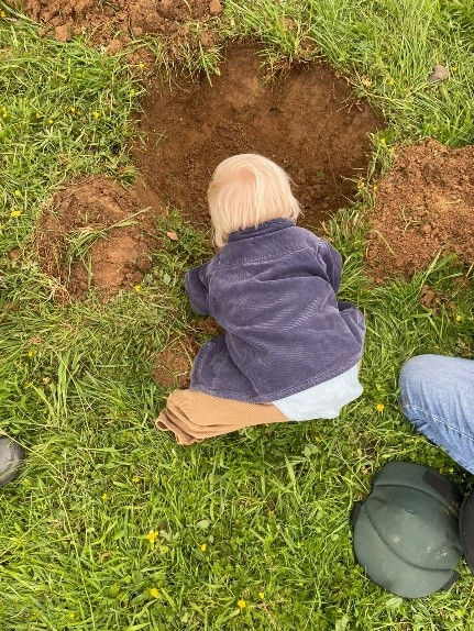 Toddler with blonde hair in a purple jacket in front of a dug hole in grassy ground, with an adult leg just visible.