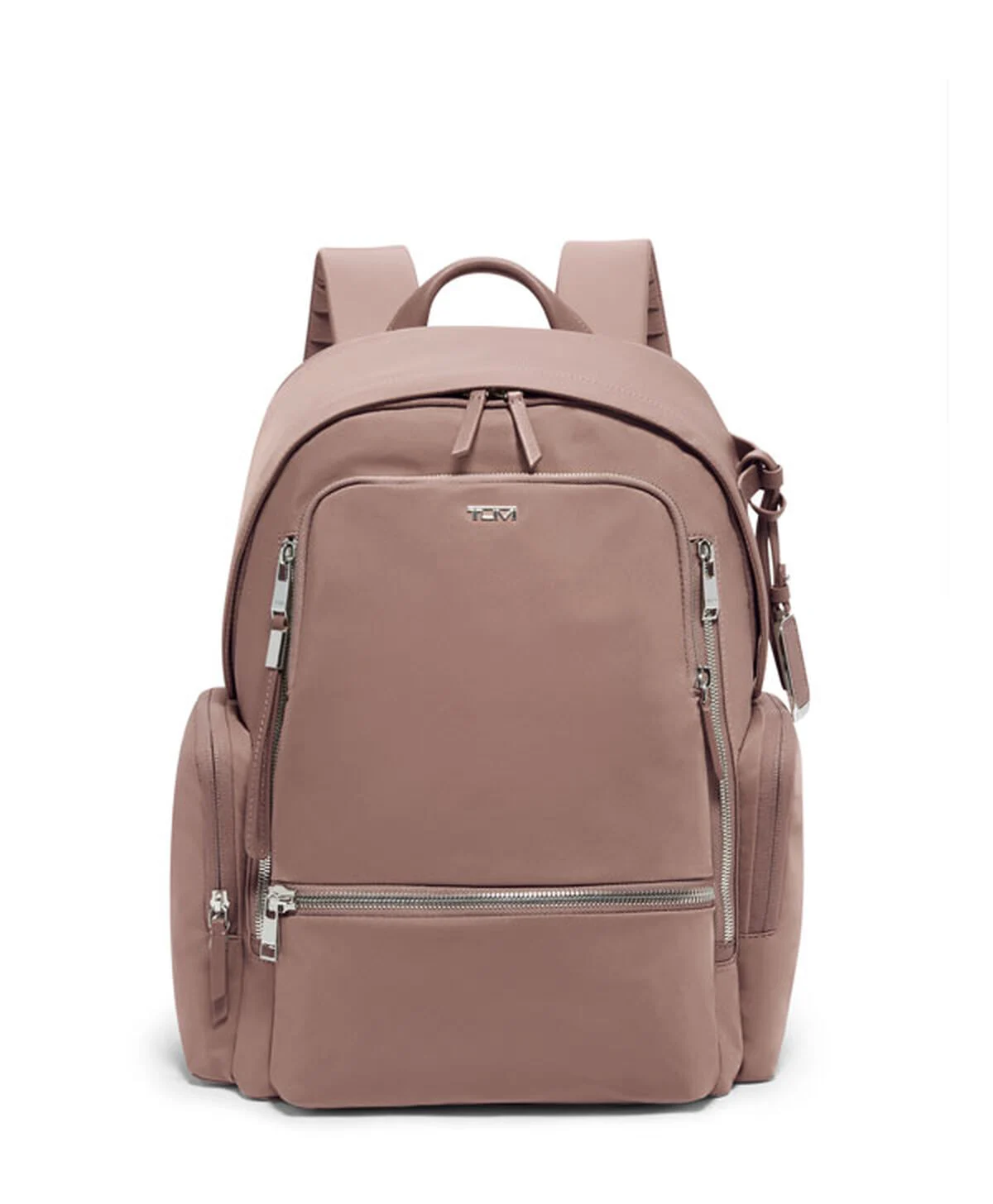 Tumi Voyageur Celina backpack in rose pink nylon with silver zips and top handle, photographed front-on against a white background.