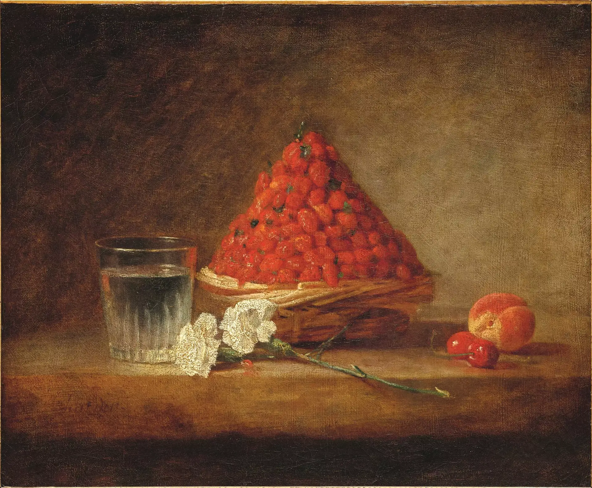 Oil painting of a pyramid of strawberries in a wicker basket, set beside a tumbler of water and a peach on a dark tabletop. 