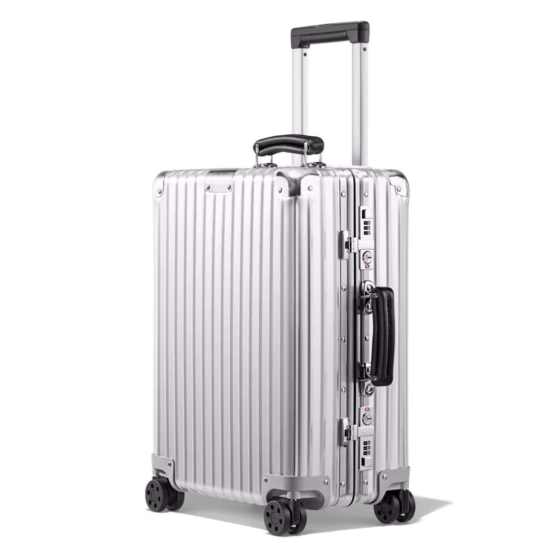 Rimowa Original Cabin suitcase in silver aluminium, shown upright with extended telescopic handle and four spinner wheels against a plain background.