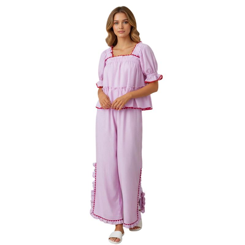 Women Pajama Set, Stripes/Plaid Short Sleeve Square Neck T-Shirt with Pants