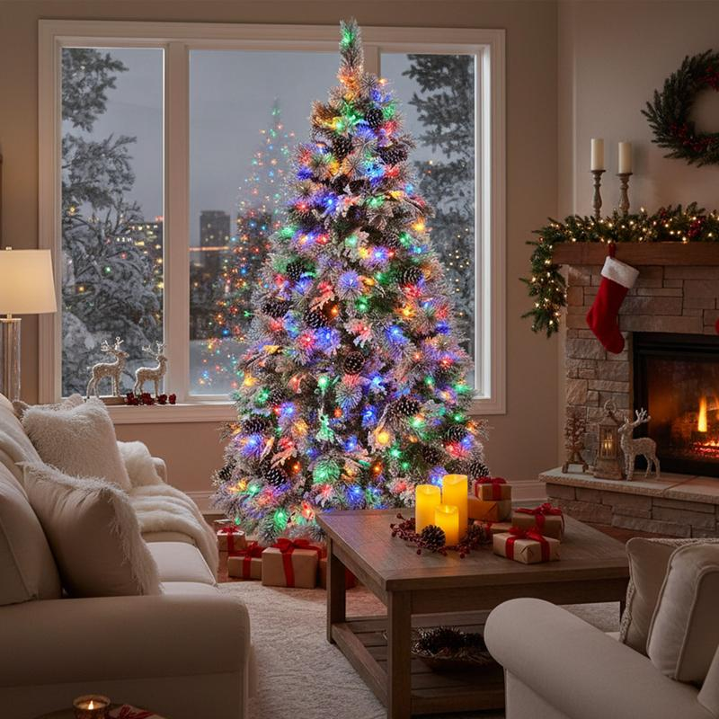6FT Pre-Lit Snow Flocked Christmas Tree with 403 Tips & 250 Multicolor LED Light