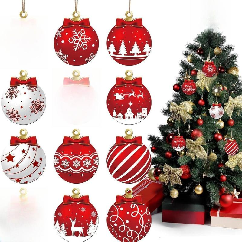 12Pcs Red and White Christmas Ball Design Hanging Wooden Ornaments Set - Festive
