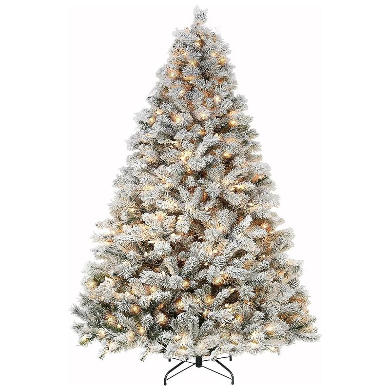 2024 Version 6'/7.5'/9' Snow Flocked Prelit Christmas Tree with Pine Cones, Warm