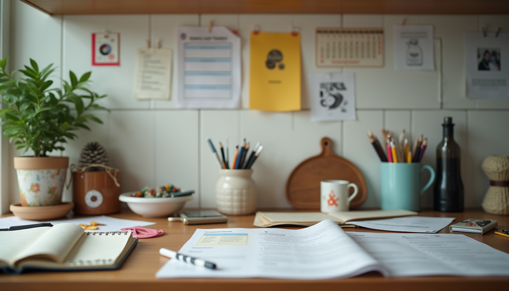 Eye-level view of a cluttered kitchen counter with children's school papers and a calendar